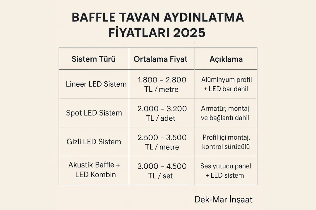 Baffle tavan aydınlatma fiyatları 2025 – lineer, spot ve gizli LED sistemleri m2 fiyat tablosu – Dek-Mar İnşaat.
