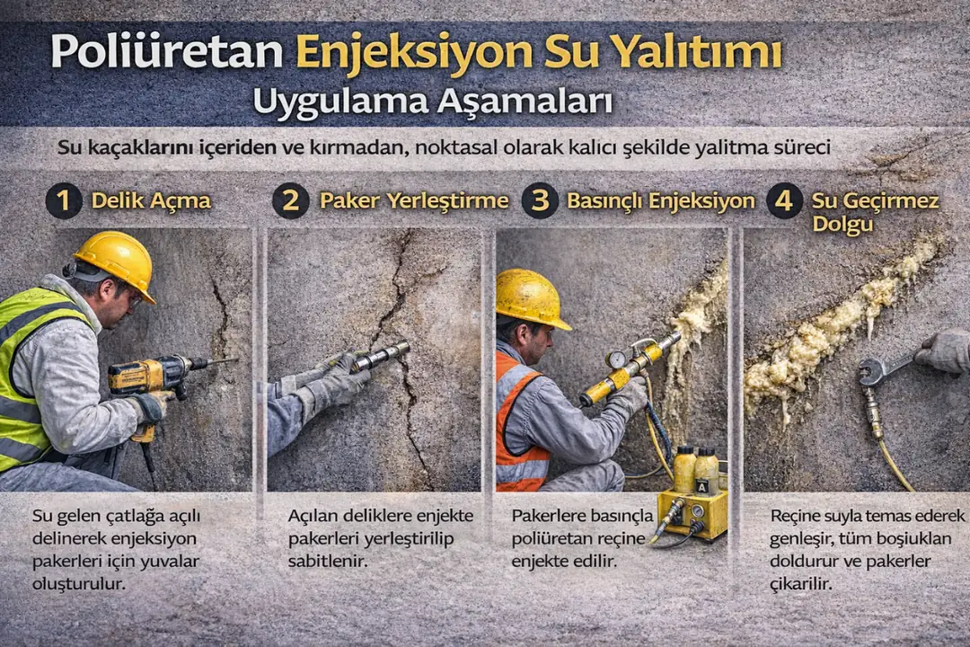 Poliüretan enjeksiyon su yalıtımı uygulama aşamaları – çatlak delme, paker yerleştirme ve basınçlı enjeksiyon süreci&nbsp;