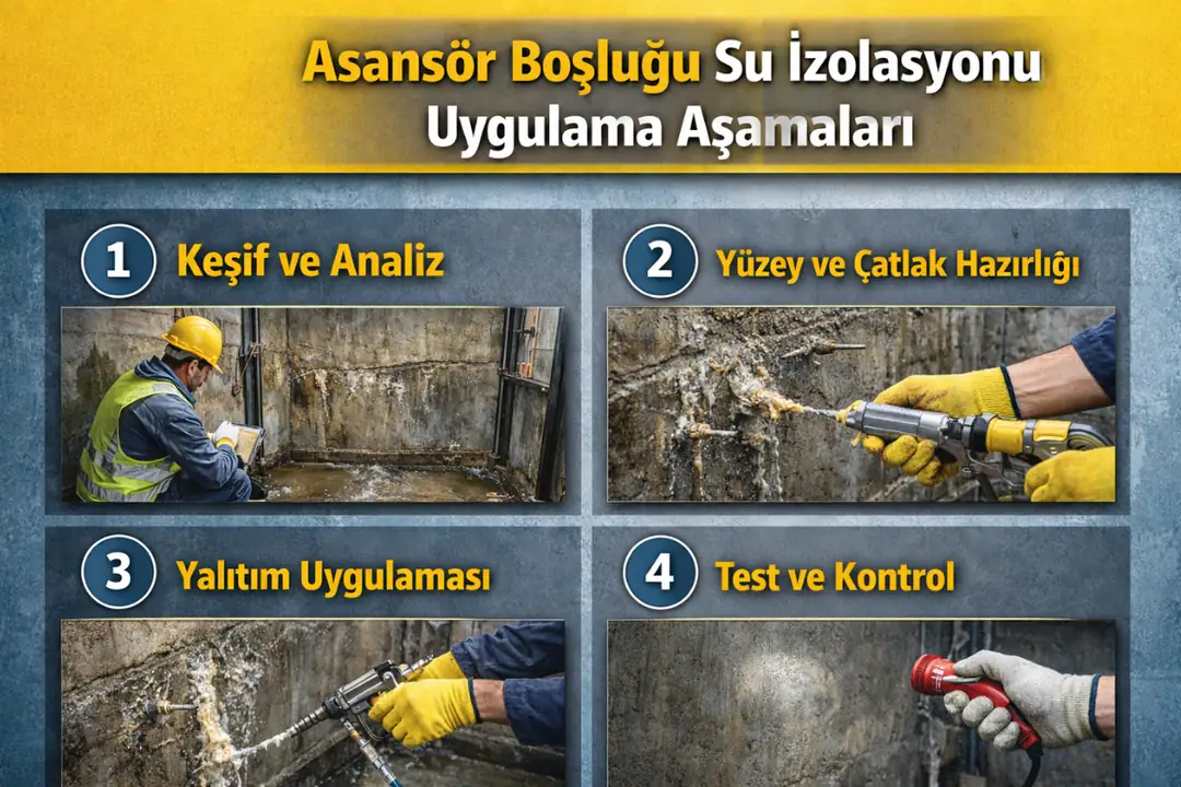Asansör boşluğu su izolasyonu uygulama aşamaları infografik anlatım&nbsp;