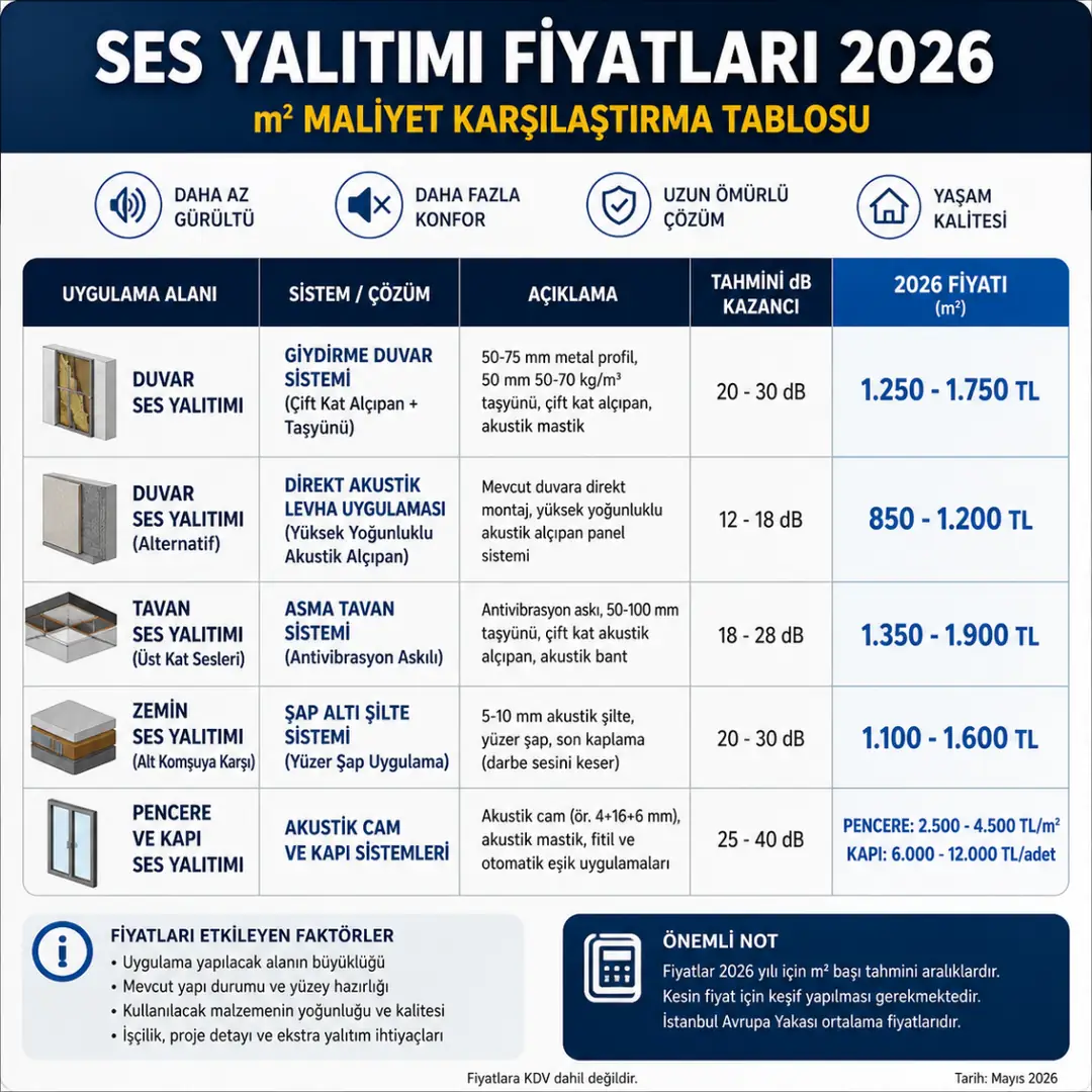 Ses yalıtımı fiyatları 2026 duvar tavan zemin m2 maliyet karşılaştırma tablosu&nbsp;