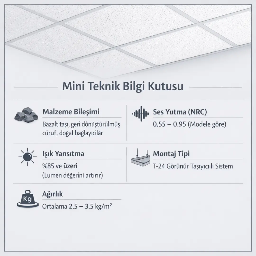 Akustik asma tavan sistemlerinde malzeme yapısı, NRC ses yutma değeri, ışık yansıtma oranı ve T-24 montaj bilgileri