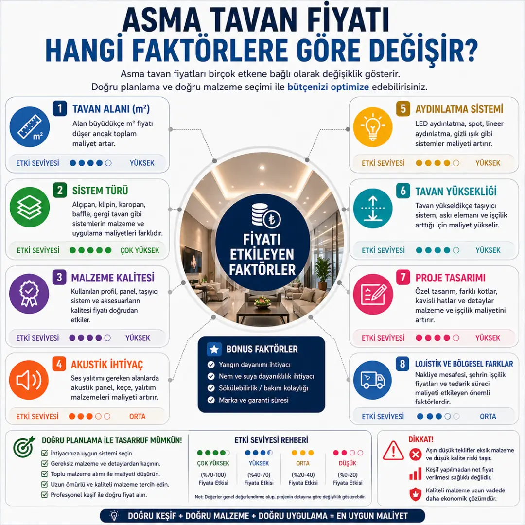 Asma tavan fiyatını etkileyen faktörler işçilik malzeme tasarım ve metraj detayları&nbsp;