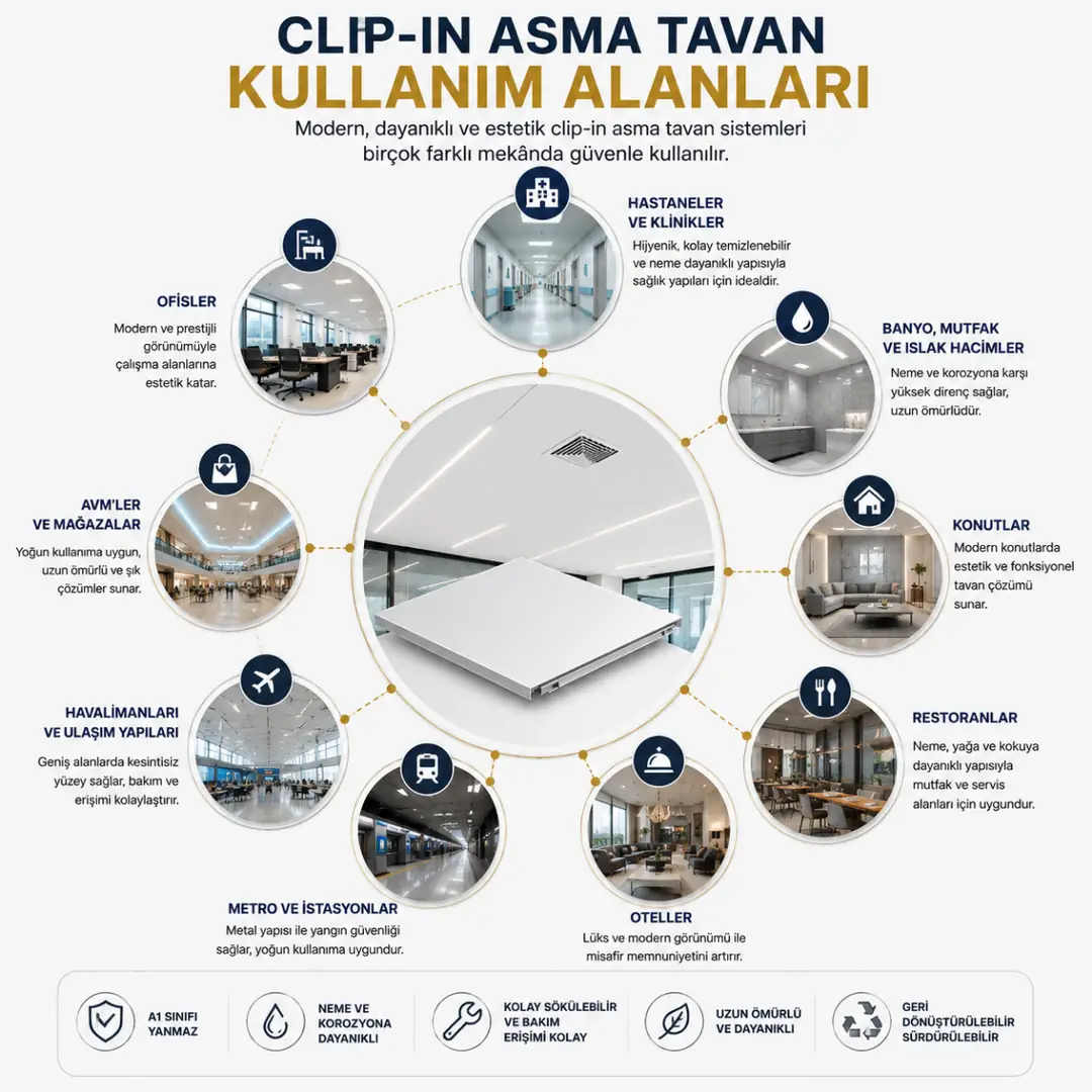 Clip-in asma tavan kullanım alanları; ofis, hastane, AVM, otel, metro, restoran ve konut projelerinde uygulama.&nbsp;