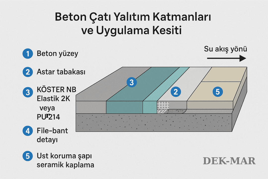 Beton çatı su yalıtımı kesit görünümü – KÖSTER NB Elastik 2K ve PU 214 uygulama katmanları, drenaj ve file detayları.