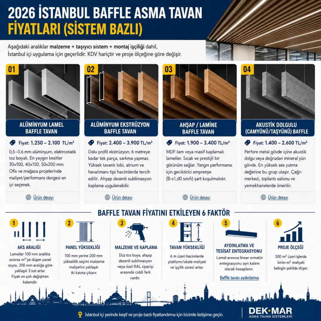 İstanbul baffle asma tavan fiyatları 2026, alüminyum, ahşap ve akustik baffle tavan sistemleri karşılaştırması&nbsp;