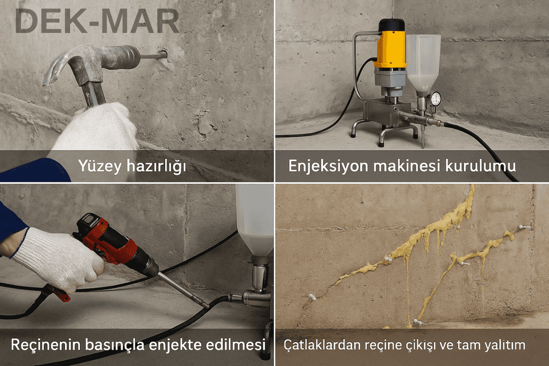 Enjeksiyon su yalıtımı uygulama aşamaları: hazırlık, makine kurulumu, reçine enjeksiyonu ve tamamlanmış izolasyon. 