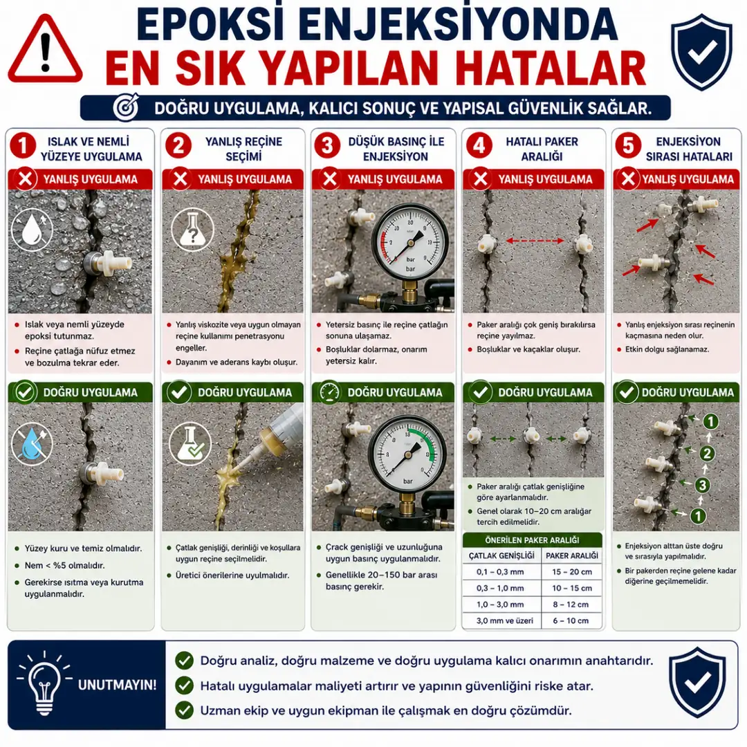 Islak yüzey yanlış reçine düşük basınç ve hatalı paker aralığı enjeksiyon hataları&nbsp;