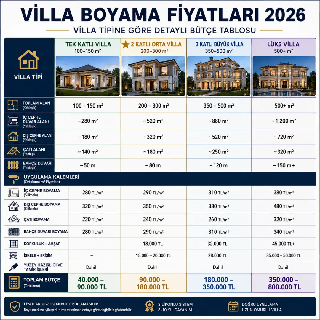 Villa boyama fiyat tablosu 2026 tek katlı iki katlı ve lüks villa maliyet karşılaştırması&nbsp;