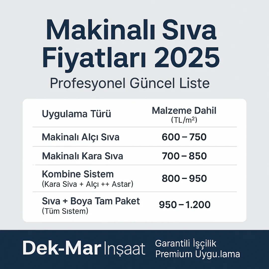 Makinalı sıva fiyatları 2025 premium tablo – alçı ve kara sıva uygulamaları – Dek-Mar İnşaat
