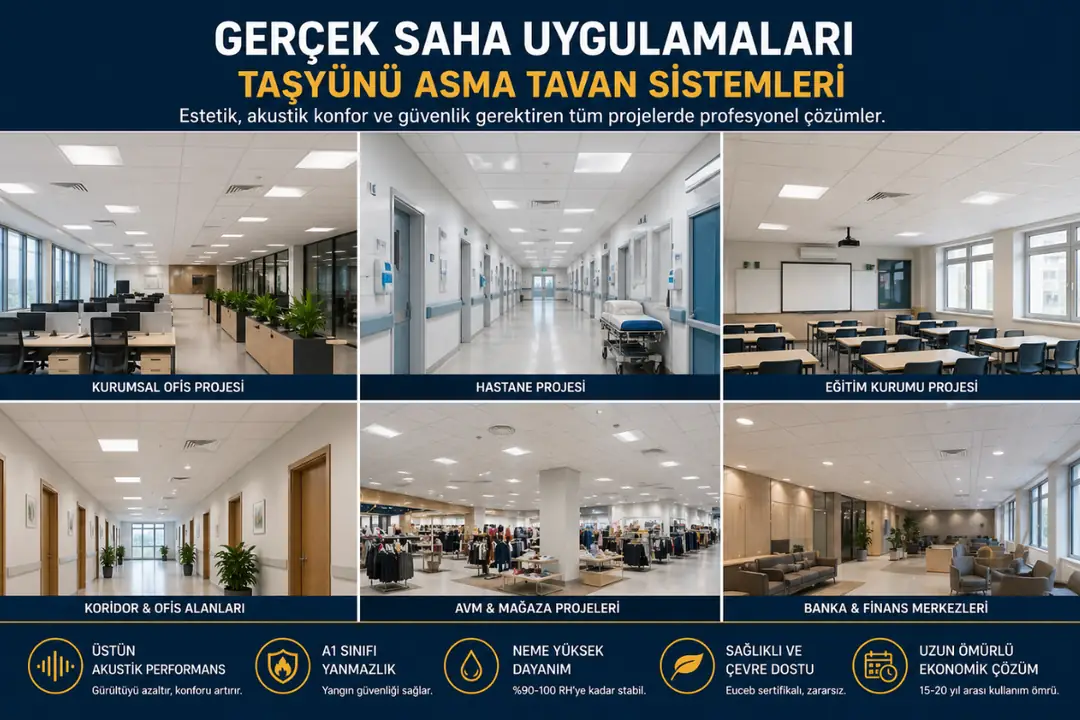 Kurumsal projelerde uygulanmış taşyünü asma tavan sistemleri&nbsp;
