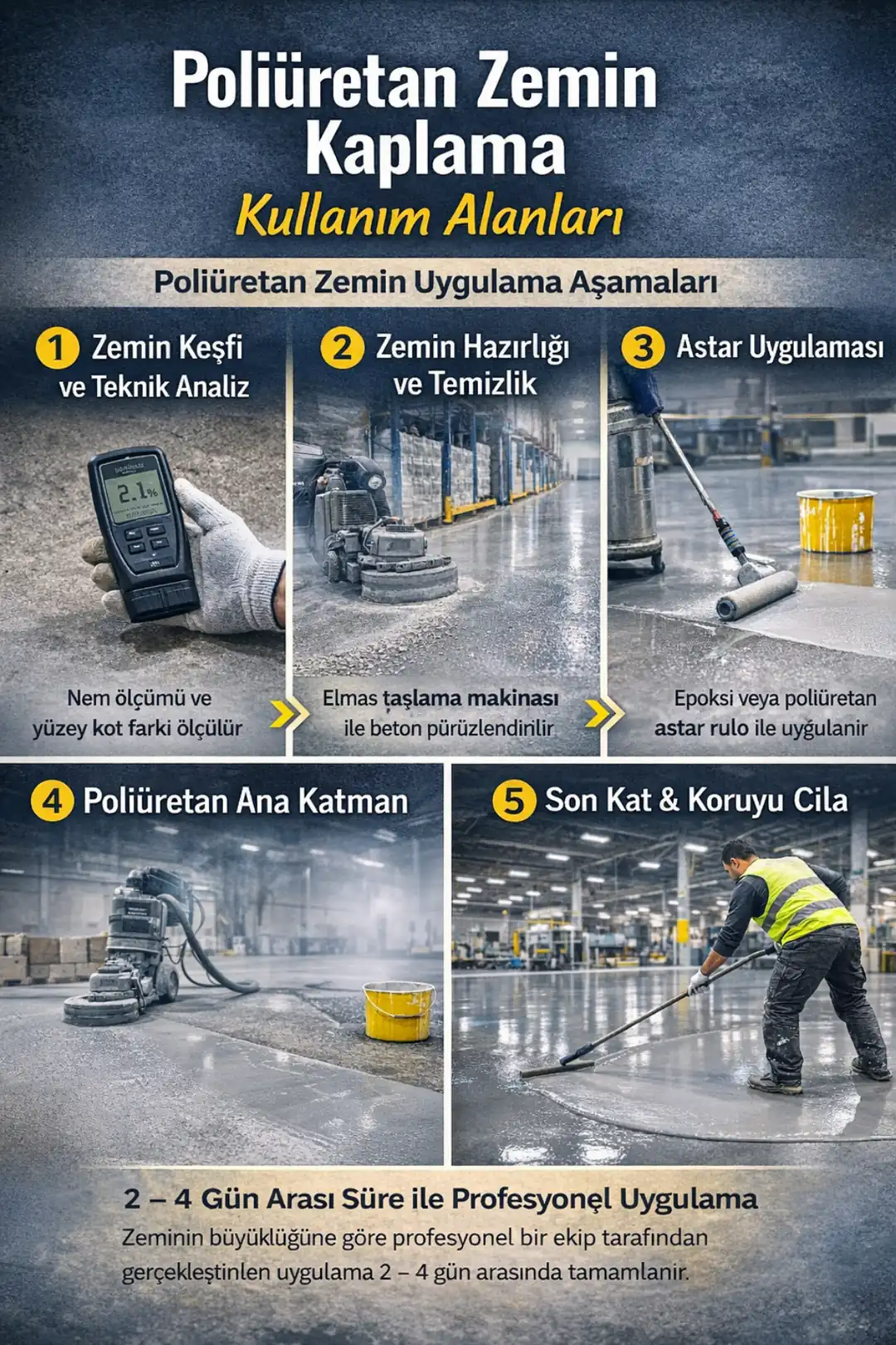 Poliüretan zemin kaplama nasıl yapılır? Zemin hazırlığı, astar, ana kat ve son kat uygulama aşamalarını gösteren infografik