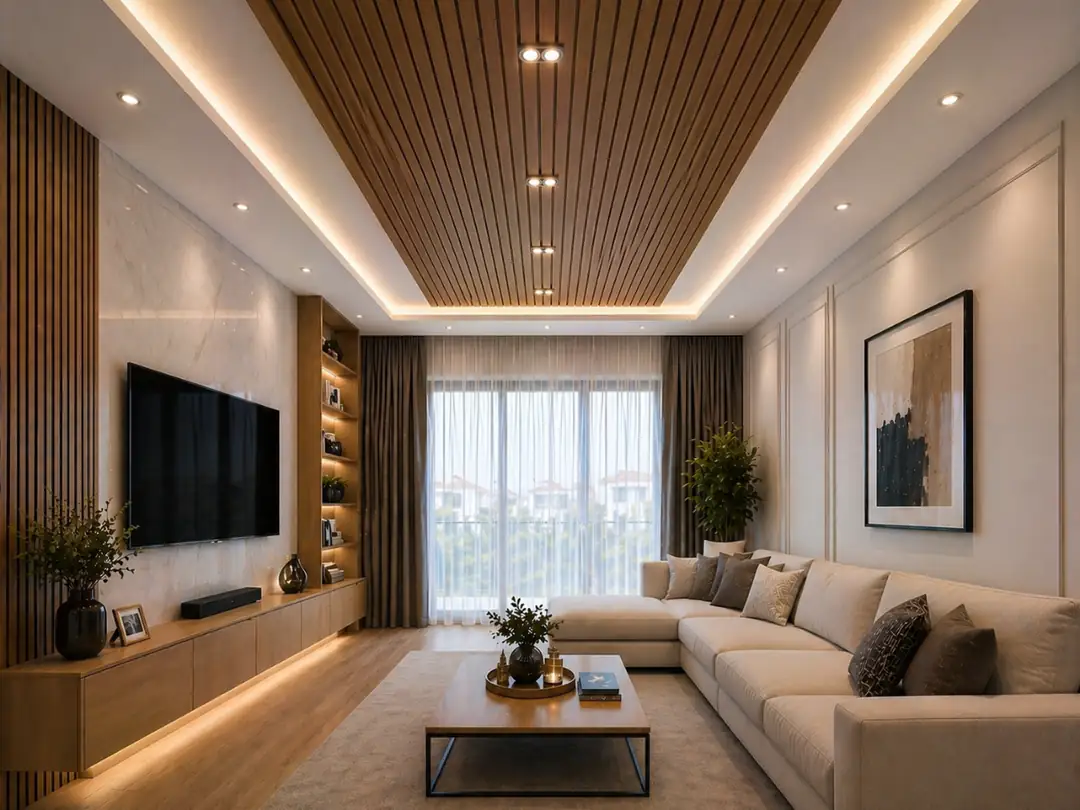 ahşap lineer bantlı modern salon tavan doğal dekorasyon