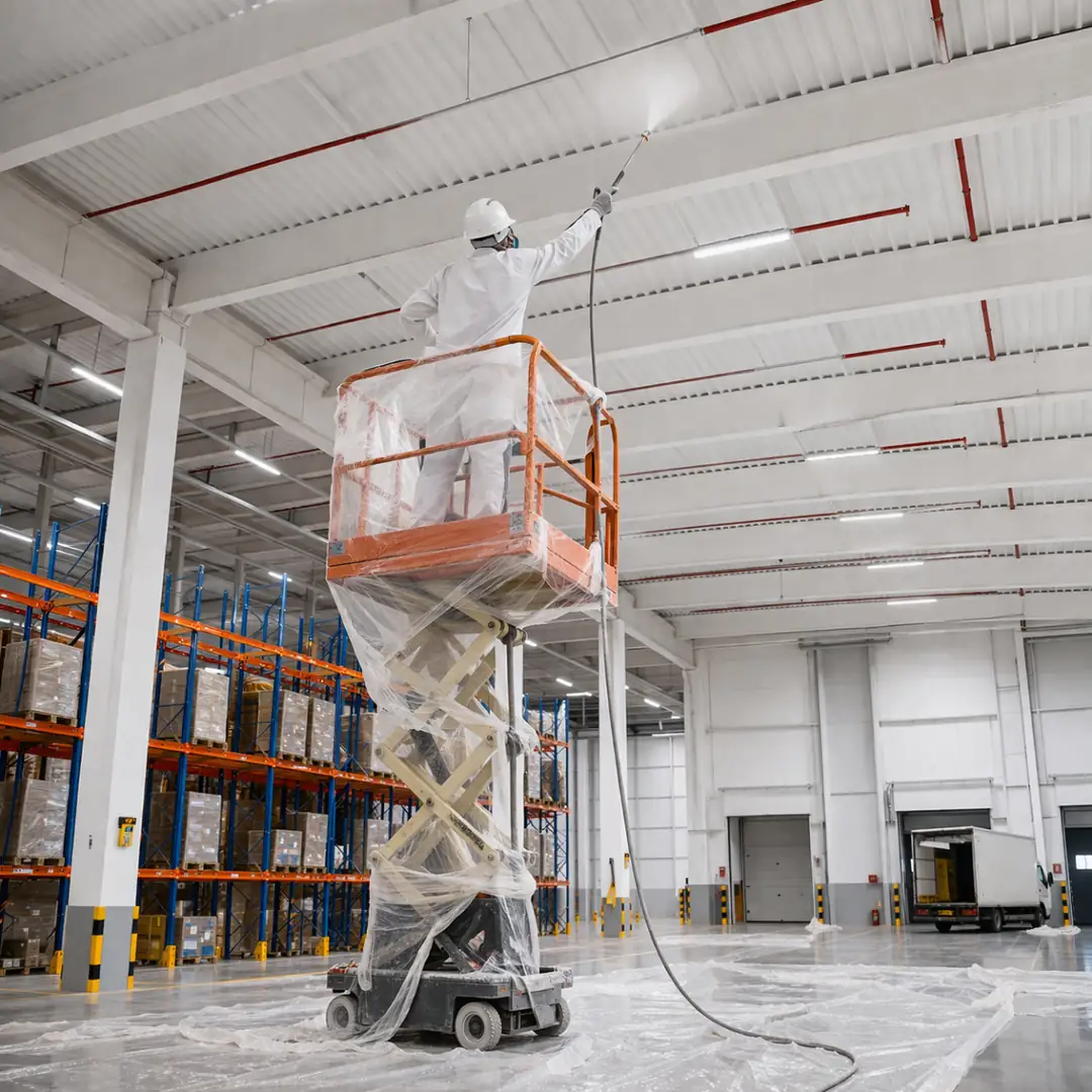 Yüksek tavanlı depoda airless boya sistemi ile platform üzerinden yapılan profesyonel tavan boyama uygulaması&nbsp;