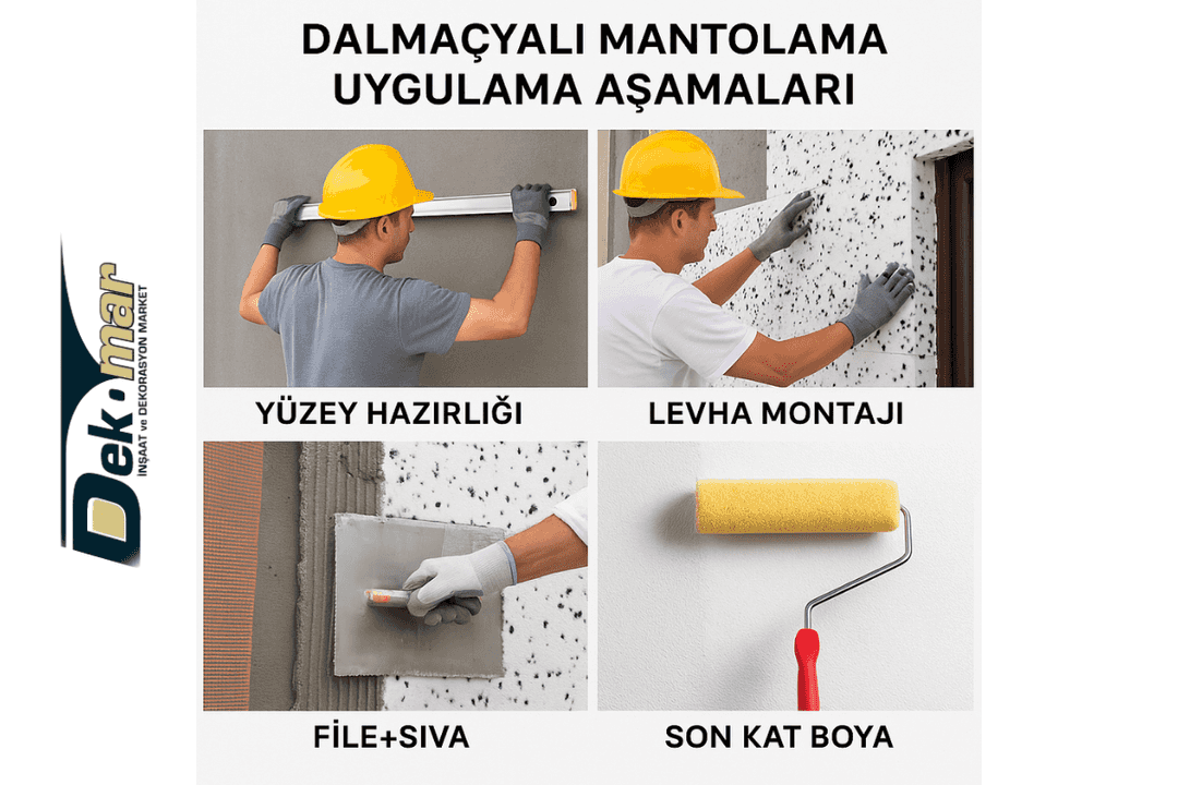 Dalmaçyalı mantolama uygulama aşamaları: hazırlık, montaj, sıva ve boya bitirme. 