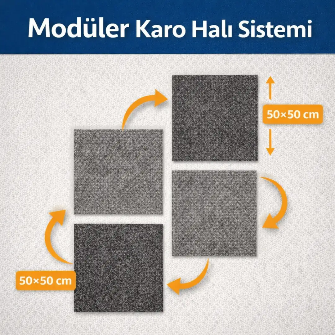 50x50 cm modüler karo halı sistemi şematik gösterim&nbsp;
