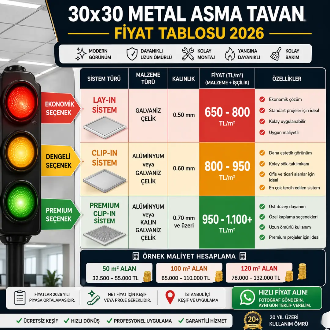 30x30 metal asma tavan fiyat tablosu 2026, lay-in clip-in sistem fiyatları, m2 maliyetleri ve örnek hesaplama detayları