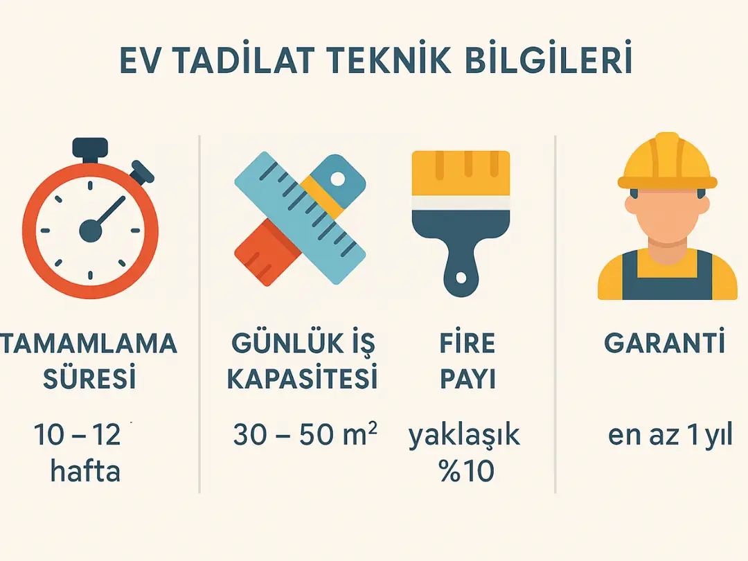 Ev tadilat teknik bilgileri – süre, günlük iş kapasitesi, fire payı, garanti.&nbsp;