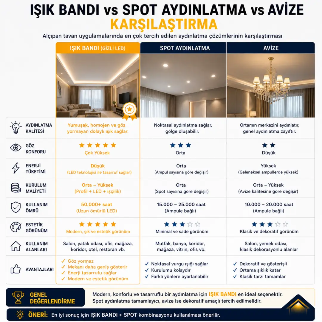 Alçıpan ışık bandı spot aydınlatma ve avize karşılaştırması avantajları&nbsp;