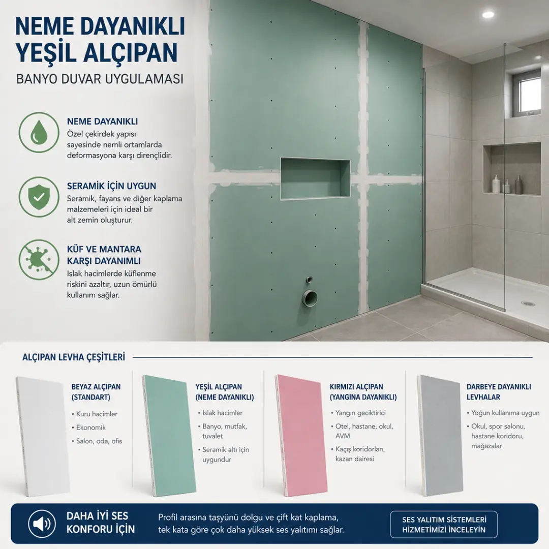 Yeşil neme dayanıklı alçıpan ile banyo duvar uygulaması ve ıslak hacim çözümü.