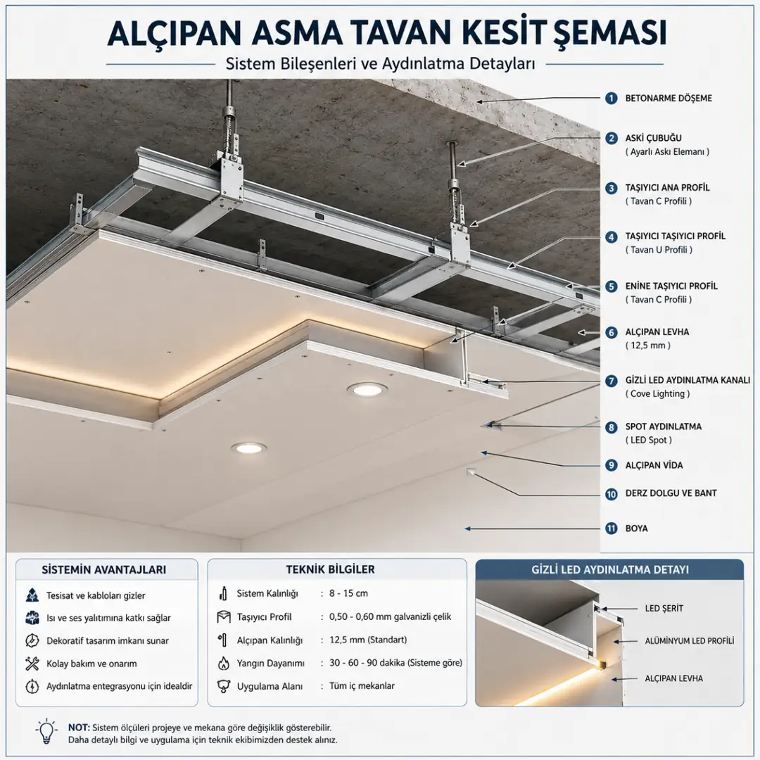 Alçıpan asma tavan sistem kesiti ve LED aydınlatma detayları&nbsp;