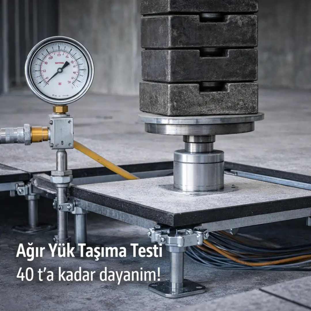 Yükseltilmiş döşeme sisteminde ağır yük taşıma kapasitesi ve dayanım testini gösteren endüstriyel kullanım görseli&nbsp;