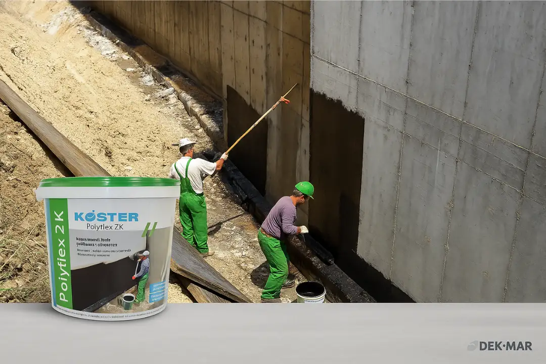 Köster Polyflex 2K şantiye uygulaması: işçiler perde duvar izolasyonu yaparken ön planda ürün kovası görünüyor.&nbsp;