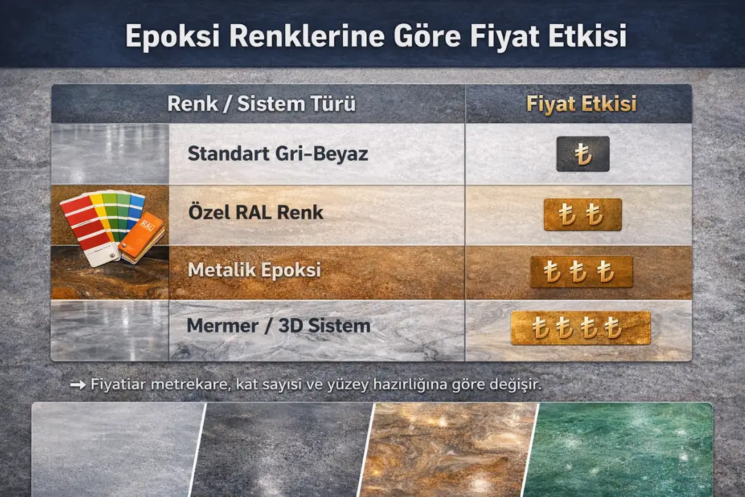 Epoksi kaplama renklerine göre metrekare fiyatlarına etkisi karşılaştırmalı tablo.&nbsp;