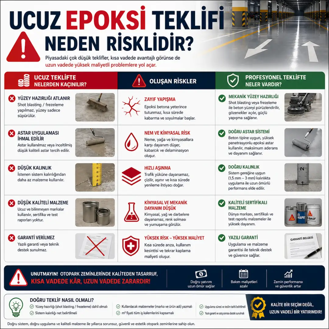 Ucuz otopark epoksi tekliflerinde yüzey hazırlığı kalınlık ve garanti riskleri&nbsp;