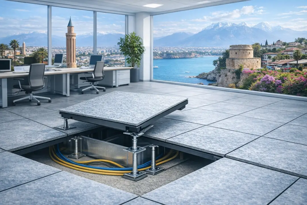 Antalya yükseltilmiş döşeme sistemi ofis ve veri merkezi uygulaması panel altı kablo altyapı detaylı görünüm