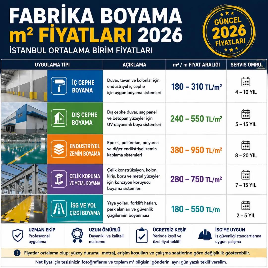 Fabrika boyama m2 fiyatları 2026 iç cephe dış cephe epoksi zemin maliyet tablosu