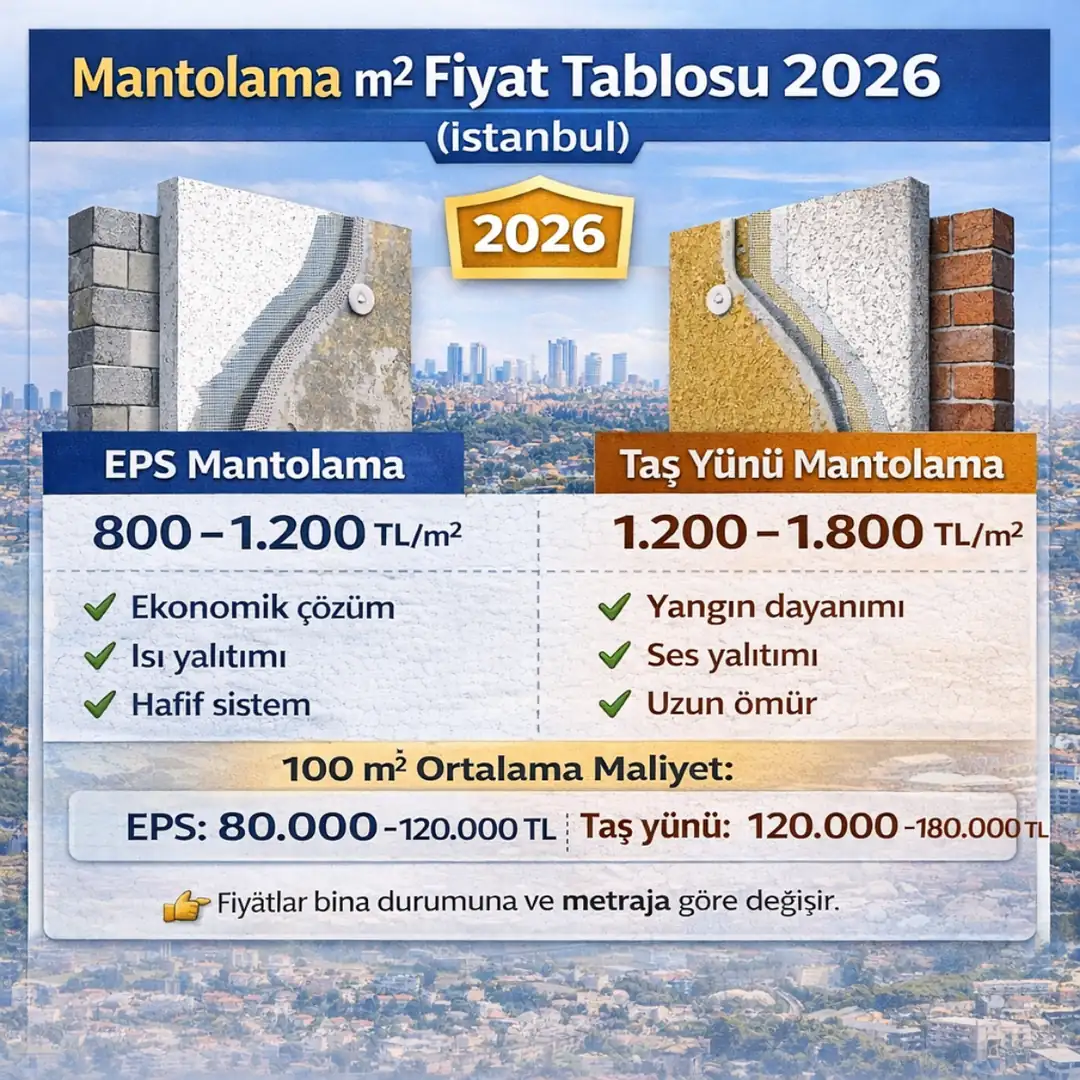 Mantolama m2 fiyat tablosu 2026 EPS ve taş yünü karşılaştırma