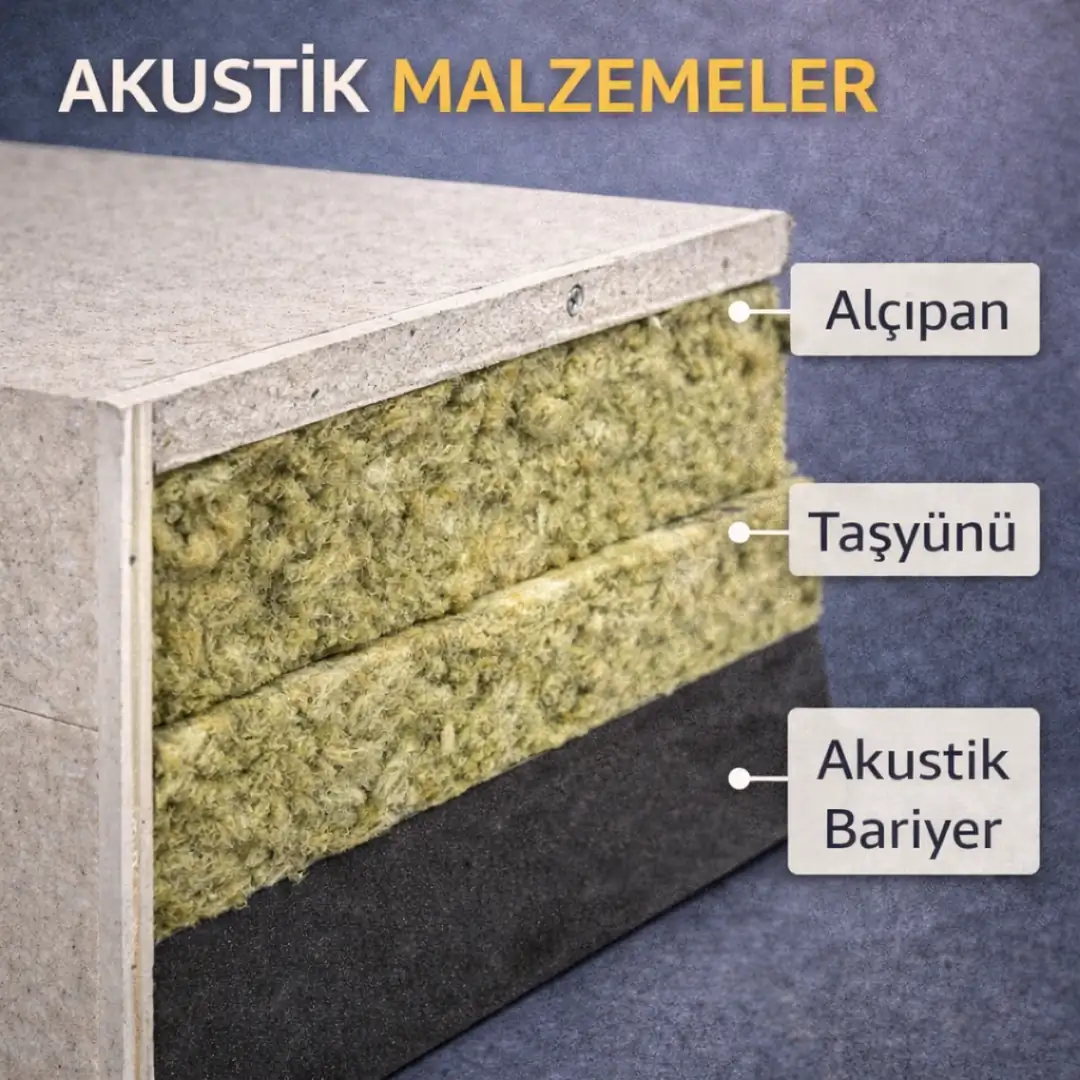 Yüksek yoğunluklu taş yünü ve akustik bariyer membran malzeme yakın plan görüntüsü