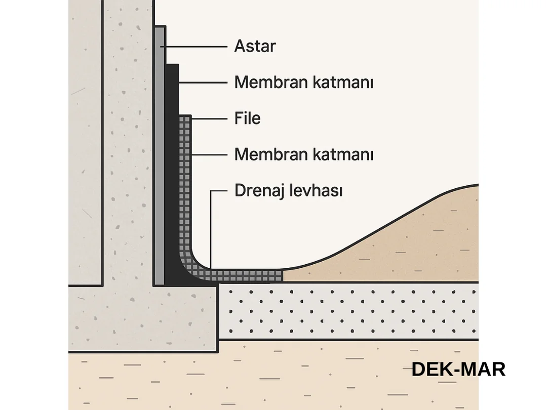 Perde beton dıştan sürme izolasyon teknik kesiti – astar, membran katları, drenaj levhası, dolgu toprağı