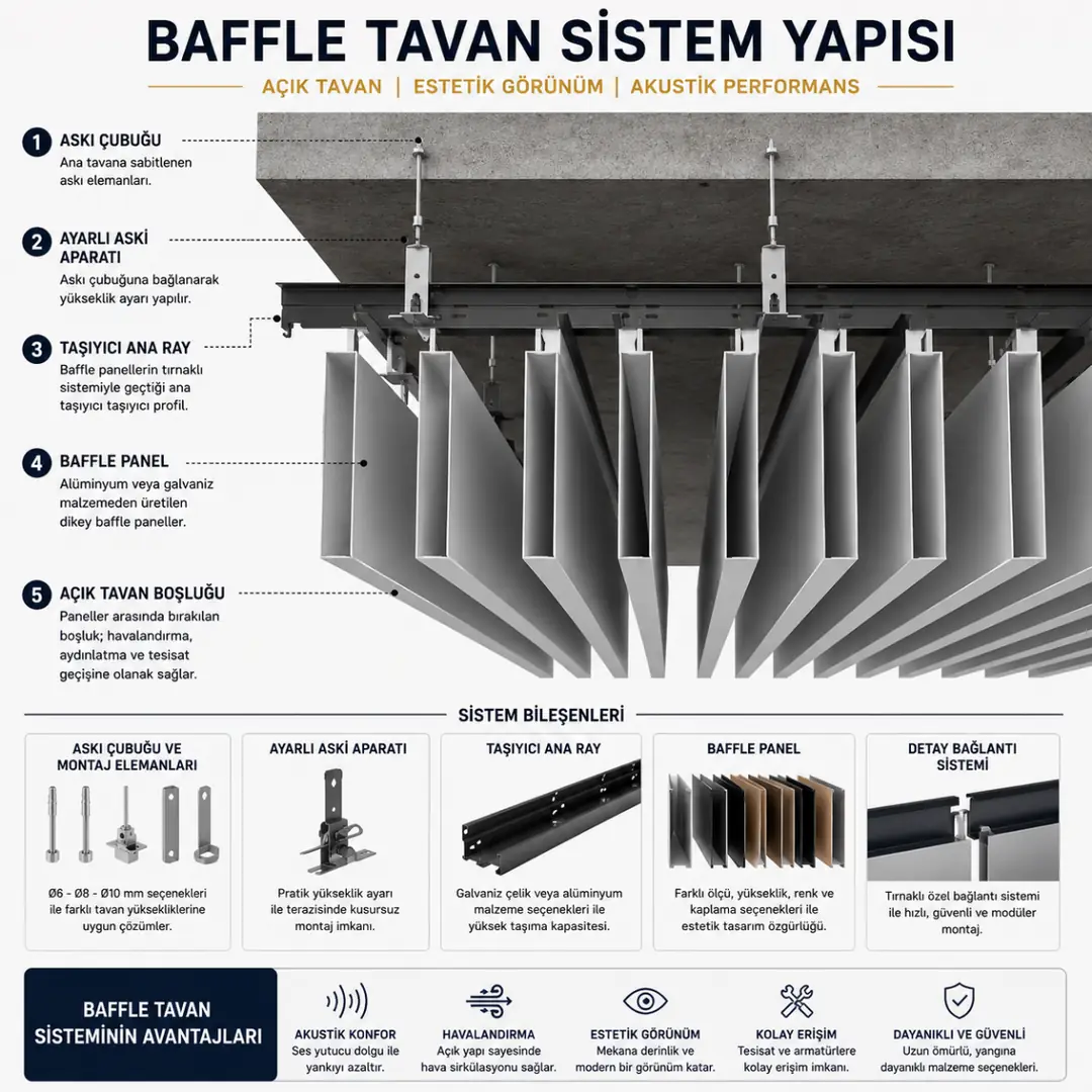 Baffle tavan taşıyıcı sistem ve panel yapısı teknik görünümü&nbsp;