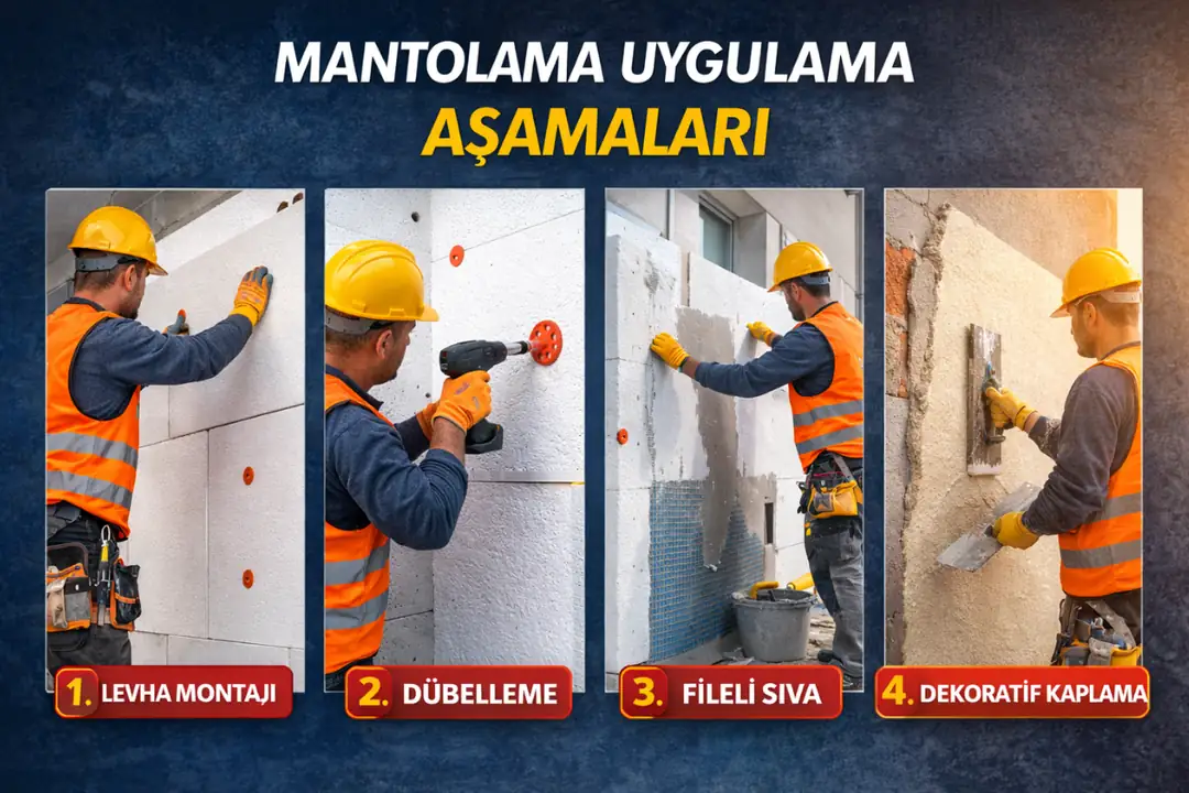 mantolama uygulama aşamaları eps levha montajı dübelleme fileli sıva dekoratif kaplama