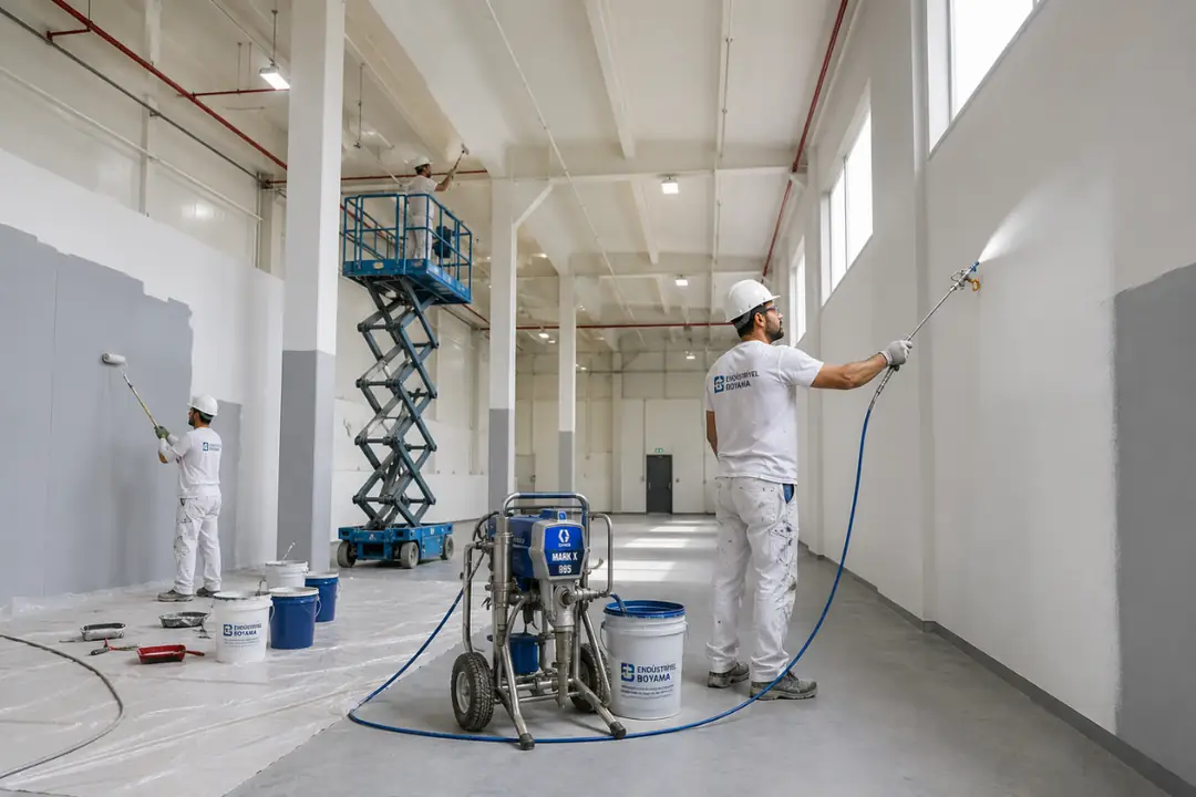 Fabrika iç cephe boyama uygulaması yapan ustalar airless boya makinesi ile duvar ve tavan boyama çalışması