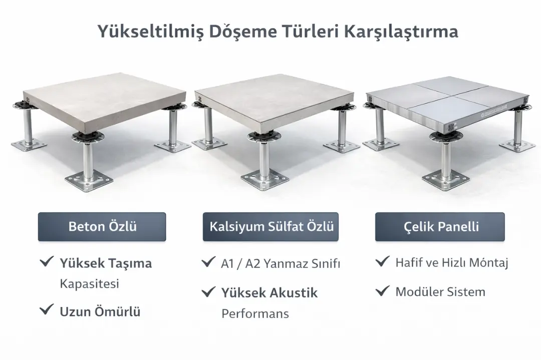 Beton özlü, kalsiyum sülfat ve çelik panelli yükseltilmiş döşeme sistemleri