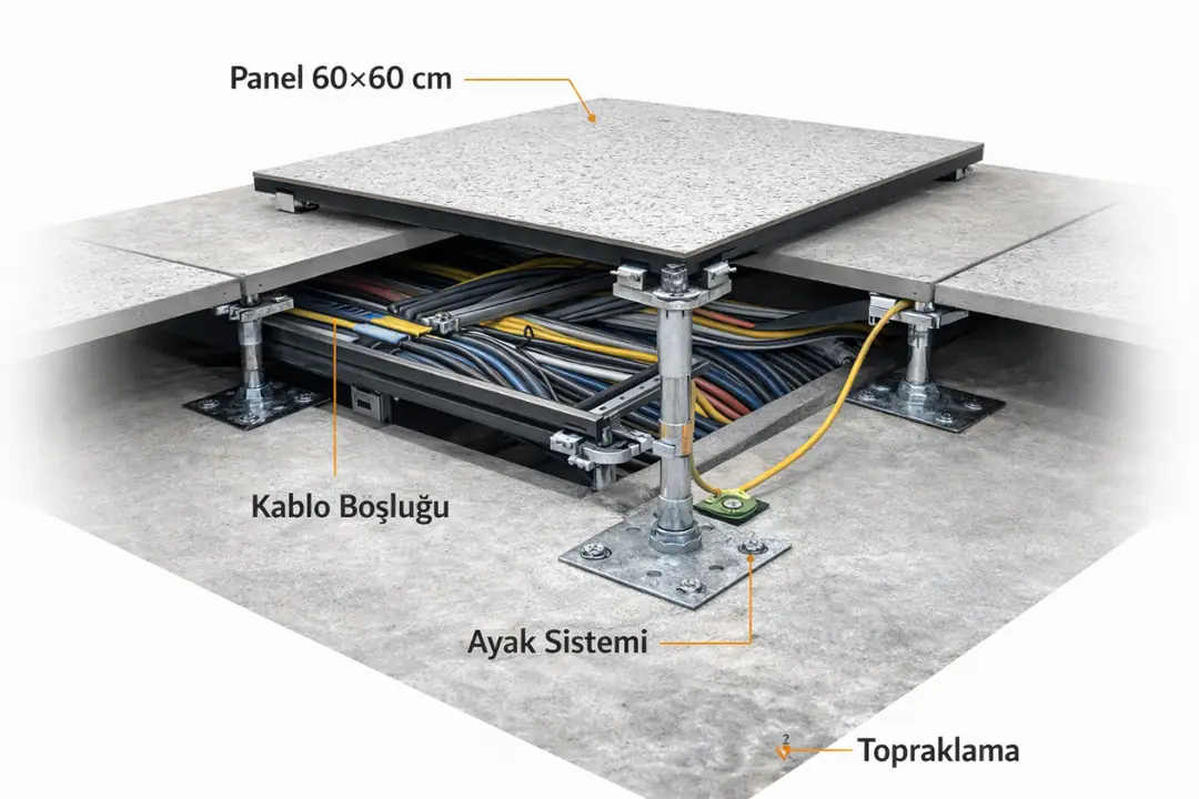 Elektrik odası yükseltilmiş döşeme kesiti ve kablo geçiş detayları, altyapı düzeni gösterimi&nbsp;