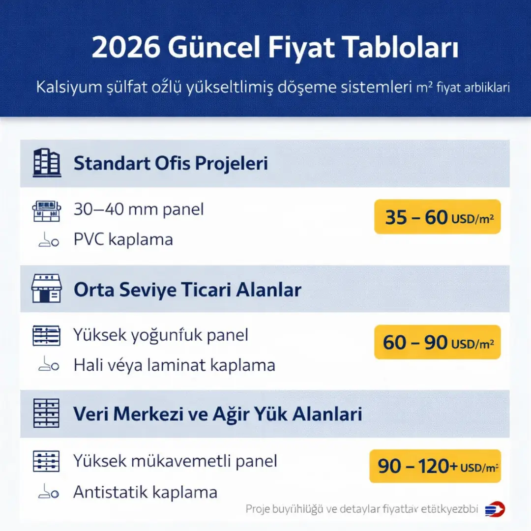 Kalsiyum sülfat özlü yükseltilmiş döşeme 2026 m2 fiyat tablosu ofis veri merkezi ve ticari alan karşılaştırması