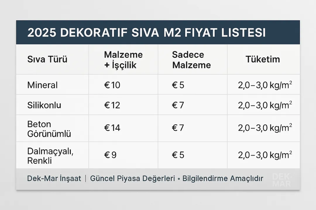 2025 dekoratif sıva fiyat tablosu – mineral, silikonlu, beton görünümlü sıva m² fiyat karşılaştırması Dek-Mar İnşaat