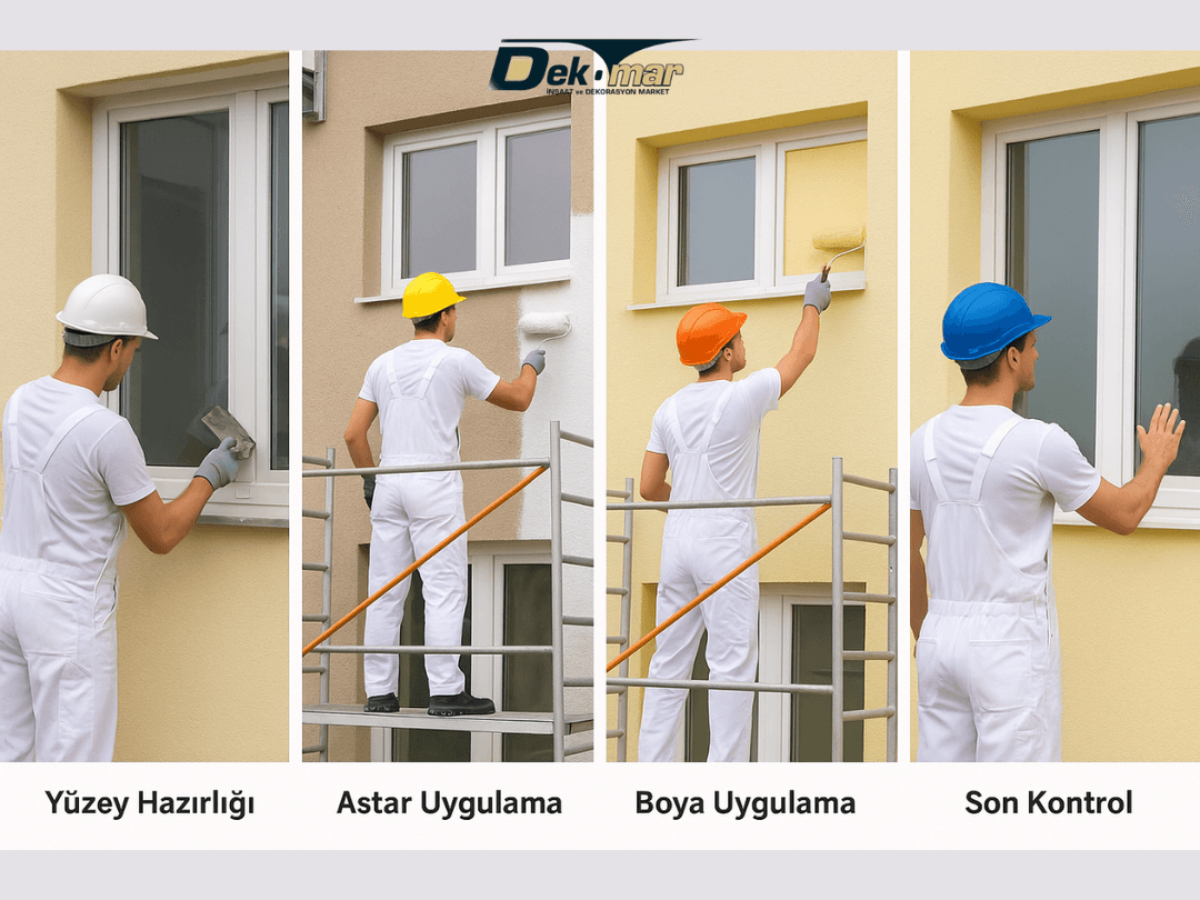 Profesyonel ekip tarafından dış cephe boya uygulama sürecinin aşama aşama gösterimi.