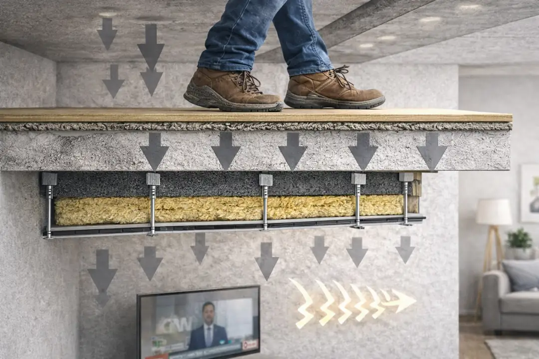 Tavan katlar arası ses yalıtımı uygulaması, darbe sesi azaltan taş yünü ve askılı sistem kesit detayı