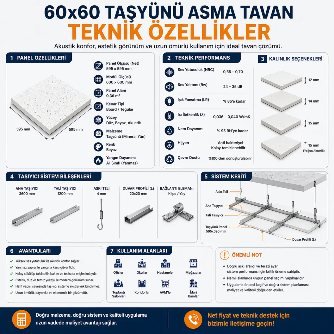 60x60 taşyünü asma tavan teknik özellikler panel kalınlık ve akustik değerler&nbsp;