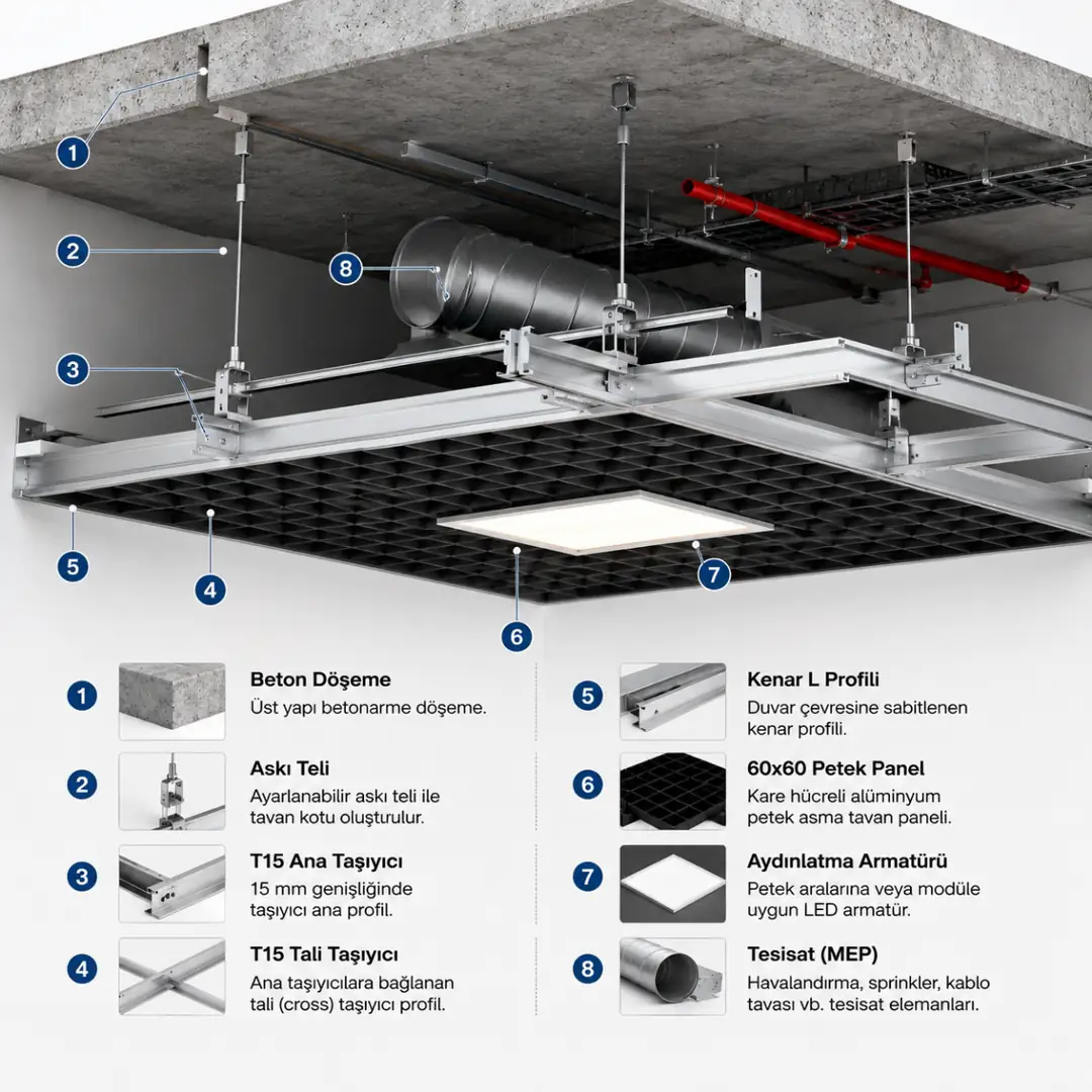 Petek asma tavan sisteminde T15 taşıyıcı ve 60x60 panel teknik kesiti&nbsp;