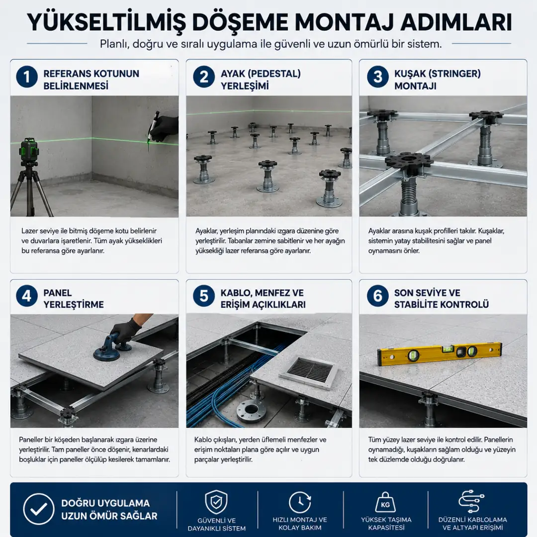 Yükseltilmiş döşeme montaj aşamalarını gösteren teknik infografik