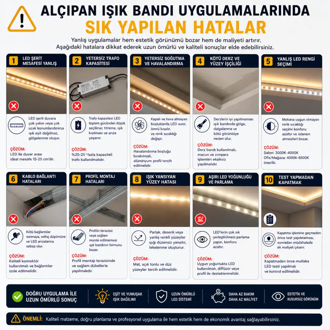 Alçıpan ışık bandı uygulama hataları LED mesafesi trafo kapasitesi yanlış uygulama&nbsp;