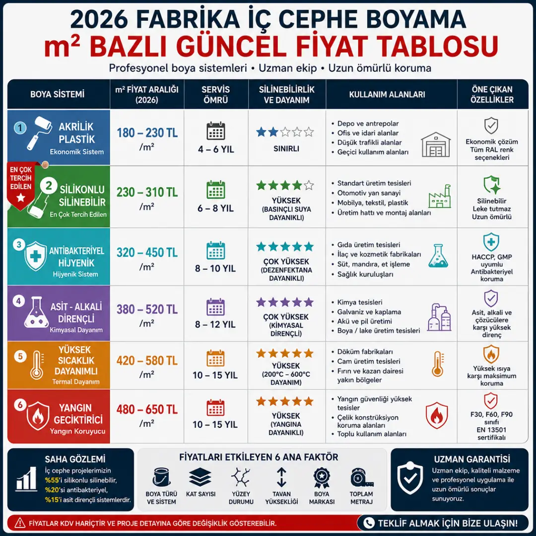 Fabrika iç cephe boyama fiyat tablosu 2026 akrilik silikonlu hijyenik ve endüstriyel boya sistemleri&nbsp;