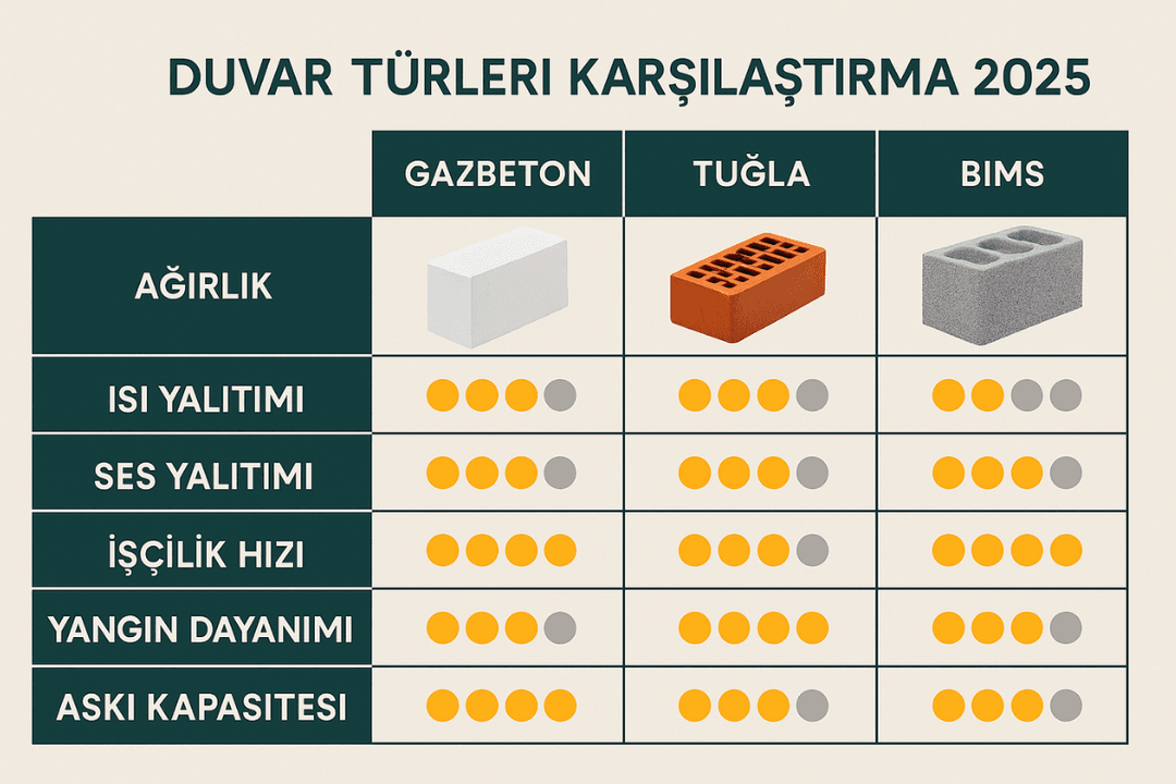 Gazbeton, tuğla ve bims duvarların karşılaştırma tablosu – ağırlık, ısı yalıtımı, akustik ve yangın dayanımı (2025). 