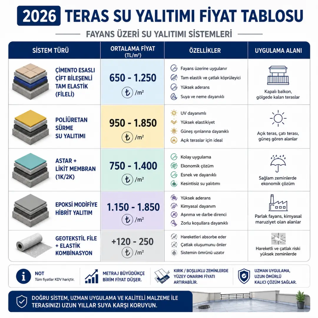 2026 teras fayans üzeri su yalıtımı fiyat tablosu, çimento esaslı, poliüretan ve likit membran sistemlerinin m² maliyet karşılaştırması