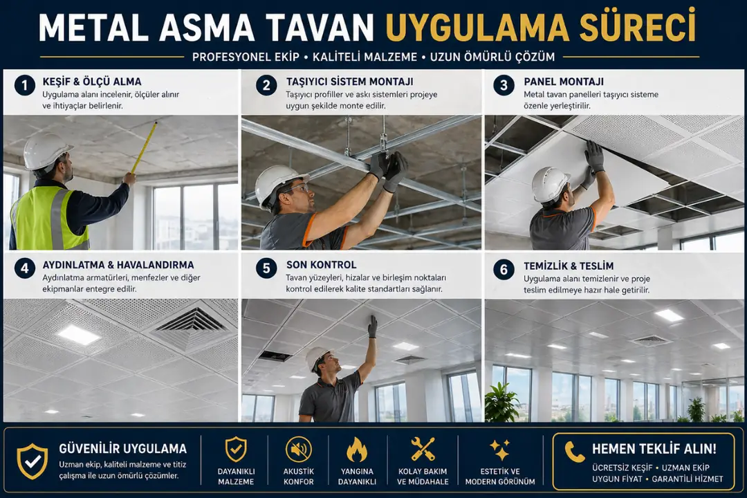 Metal asma tavan uygulama süreci taşıyıcı sistem kurulumu panel montajı ve saha çalışması&nbsp;